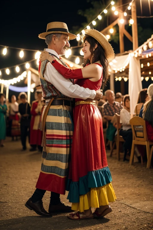"Vibrant image of a traditional northeastern forró pé de serra. At the center, an elderly accordion player with a leather hat, playing a decorated red accordion. Next to you, a man plays a large leather drum, and another touches a glowing triangle. Em volta deles, couples dancing excitedly, dressed in colorful clothes typical of the June festival. Ao fundo, a rural landscape with a starry sky and colorful flags hanging. The lighting is warm and cozy, like lamps. No top edge, in stylized letters that resemble string, the text 'Pé de Serra dos Likes'. The image must capture the joy and authenticity of a true forró pé de serra."