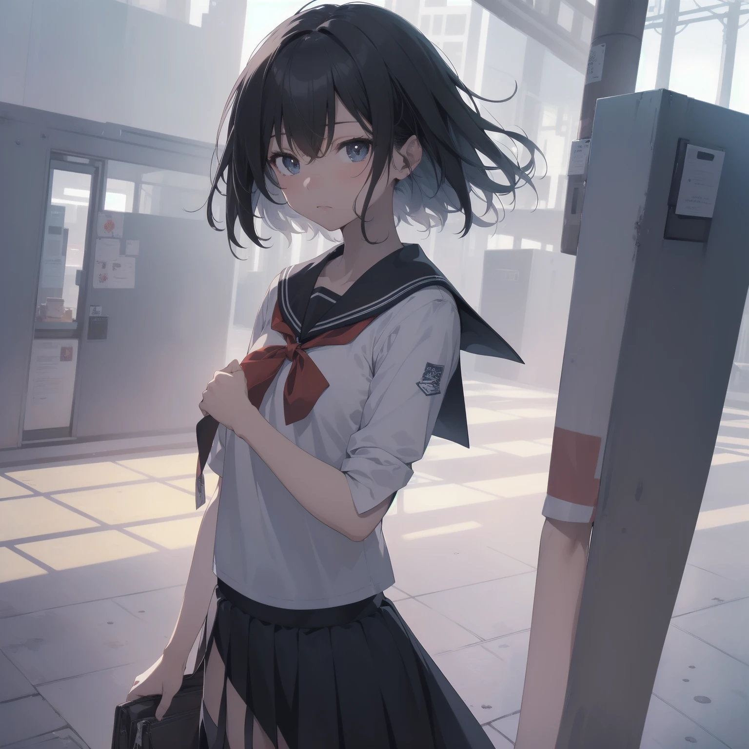 ultra-absurdres-Top quality by artist God, ultra-detailed, high resolution, anime moe artstyle, best anime 8k konachan wallpaper, pixiv contest winner, pool:2810, perfect anatomy,break, 1girl, (Please draw a girl walking sleepily to school alone. )break,(Solo,little female, 13-year-old:1.3),Full limbs, complete fingers,a junior high school student, (very short hair), short cut, flat chest, , small butt, small black eyes, beautiful detailed eyes, well-proportioned iris and pupils, expressive eyes, highres detailed hair, soft expression, salor school_uniform, sailor collar, serahuku, bow, pleated skirt,(Detailed Lighting), (Detailed background), in the School commute route. break,super detailed skin, Best cinematic lighting powered by famous artist, 8k,beauty illustration,photoshop_(medium),very aesthetic,break,((artist:yd_(orange_maru) )), artist:clamp ,artist:carnelian ,artist:kantoku ,