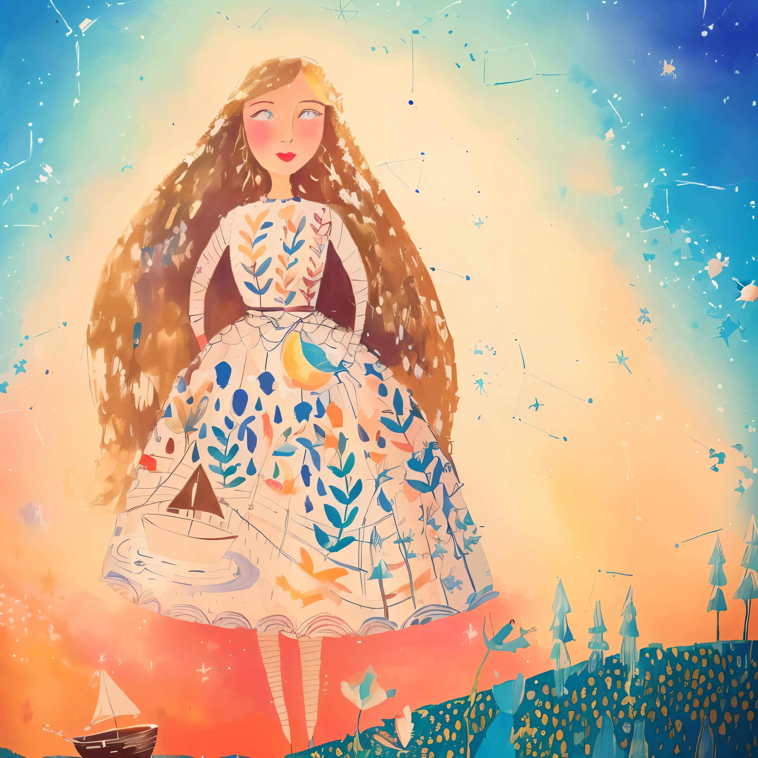 painting of a girl in a dress standing on a hill with a boat, jane newland, whimsical art, illustrated in whimsical style, by Alice Prin, whimsical portrait, by Margit Anna, mixed media illustration, girl in space, dreamy illustration, in the starry night, dressed in stars and planets, blonde girl in a cosmic dress