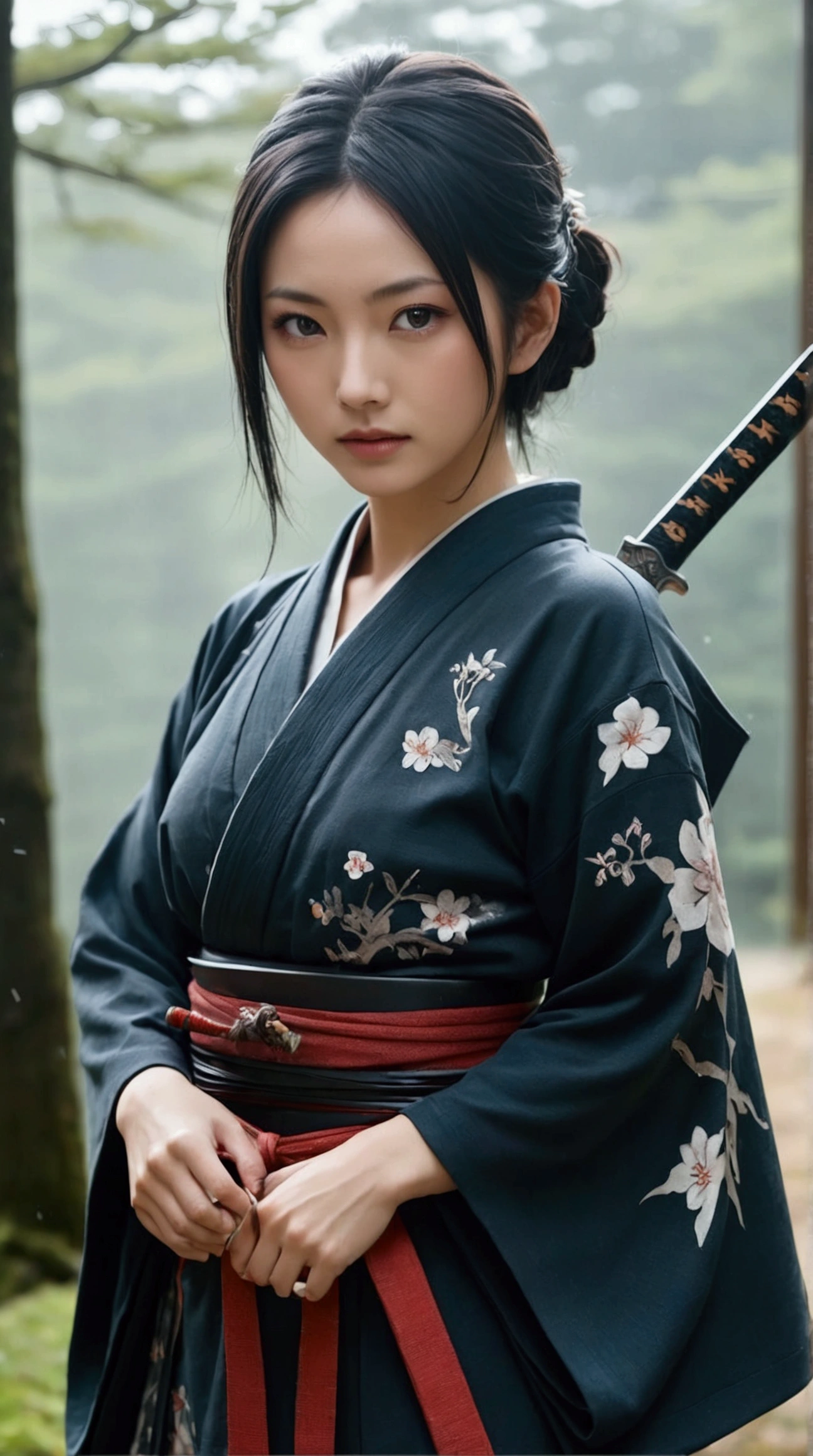 (Japanese sword &reference;Muramasa 2&reference;.2)Beautiful 27 year old woman、Japanese women、Tie your hair back、Hair ornament artist、Warrior、Clear Eyes、{Arm tattoo(SakuraFubuki}’Warrior、(Japanese swordを両手で構える、1.3)(Japanese sword1.2)Intermediate position、whole body、A long-edged sword、Realistic battle scenes、敵Warriorの返りBlood、Blood、High resolution、Highest quality、Very detailed、8k、background、The castle is burning、Sparks fly、