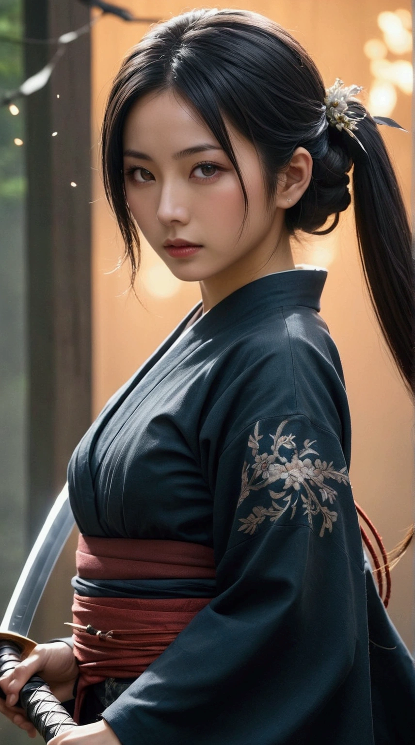 (Japanese sword &reference;Muramasa 2&reference;.2)Beautiful 27 year old woman、Japanese women、Tie your hair back、Hair ornament artist、Warrior、Clear Eyes、{Arm tattoo(SakuraFubuki}’Warrior、(Japanese swordを両手で構える、1.3)(Japanese sword1.2)Intermediate position、whole body、A long-edged sword、Realistic battle scenes、敵Warriorの返りBlood、Blood、High resolution、Highest quality、Very detailed、8k、background、The castle is burning、Sparks fly、