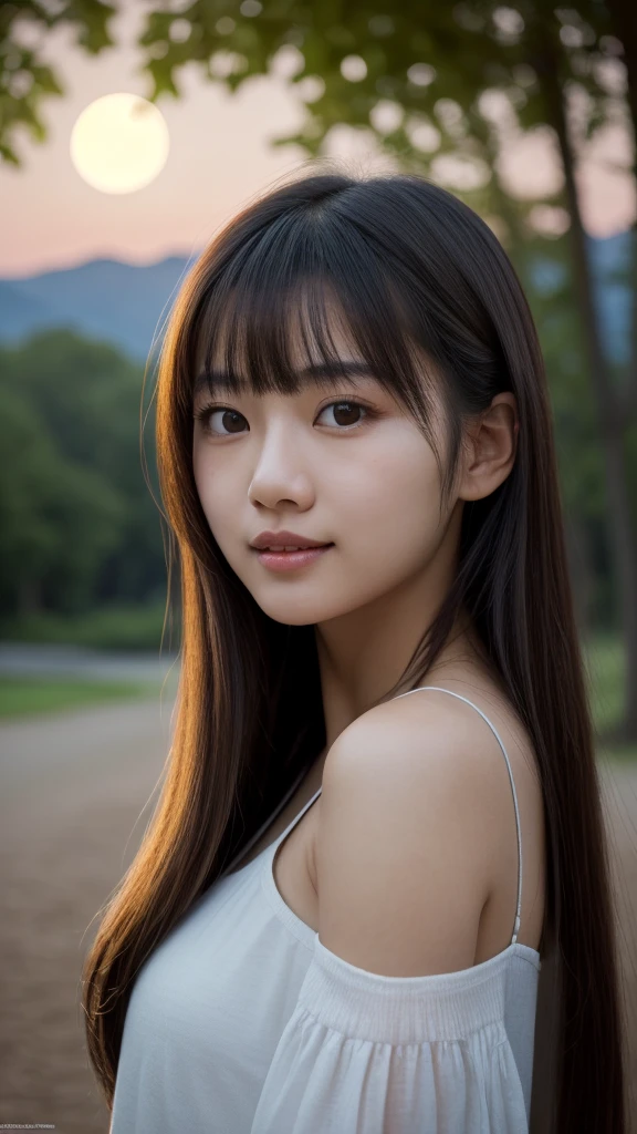 A beautiful young Asian woman with a hummingbird kissing her on the cheek ((Upper Body selfie, Happy)), masterpiece, Highest quality, Very detailed, ground, Outdoor, (night), Mountain々, nature, (performer, moon) Hilarious, Happy, forest, stone, river, wood, cigarette, Shadow, Contrast, sunny, style, (Warm Tones, Warm Tones): 1.2), close, Cinematic Light, Side lighting, Ultra-high resolution, 最高のShadow, born, Upper Body, realistic style
