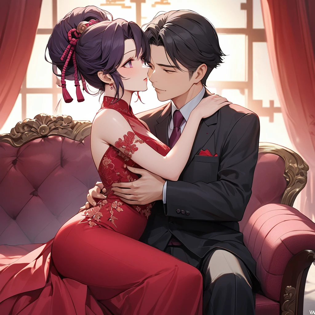 ((Highest quality)), ((masterpiece)), (detailed), (Perfect Face)、The woman is a Chinese woman named Kocho Shinobu.。, Purple gradient bob black hair and formal evening hairstyles. She is wearing an engagement ring. She is a prominent member of the Chinese Communist Party.、She is the wife of a great old Communist Party official.、The woman is beautifully dressed in a gorgeous and glamorous red wedding dress typical of the Chinese Communist Party.、A loving couple is seen passionately embracing a dignified elderly Communist Party official on a luxurious sofa in a luxurious room, the man fondling the woman's breasts and caressing her body.。A loving Chinese Communist couple