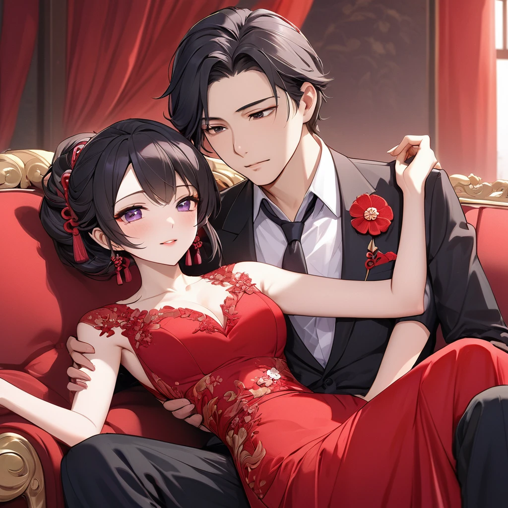 ((Highest quality)), ((masterpiece)), (detailed), (Perfect Face)、The woman is a Chinese woman named Kocho Shinobu.。, Purple gradient bob black hair and formal evening hairstyles. She is wearing an engagement ring. She is a prominent member of the Chinese Communist Party.、She is the wife of a great old Communist Party official.、The woman is beautifully dressed in a gorgeous and glamorous red wedding dress typical of the Chinese Communist Party.、A loving couple is seen passionately embracing a dignified elderly Communist Party official on a luxurious sofa in a luxurious room, the man fondling the woman's breasts and caressing her body.。A loving Chinese Communist couple