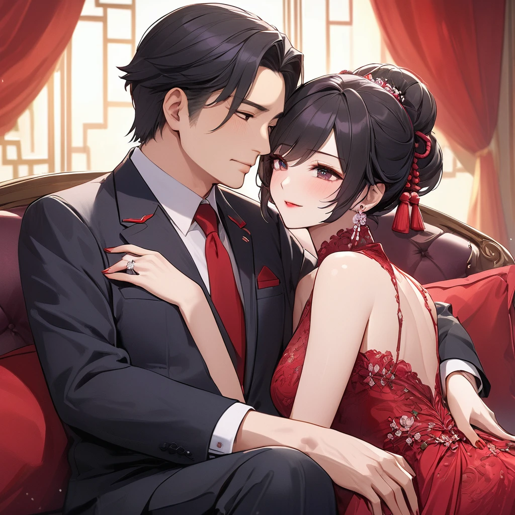 ((Highest quality)), ((masterpiece)), (detailed), (Perfect Face)、The woman is a Chinese woman named Kocho Shinobu.。, Purple gradient bob black hair and formal evening hairstyles. She is wearing an engagement ring. She is a prominent member of the Chinese Communist Party.、She is the wife of a great old Communist Party official.、The woman is beautifully dressed in a gorgeous and glamorous red wedding dress typical of the Chinese Communist Party.、A loving couple is seen passionately embracing a dignified elderly Communist Party official on a luxurious sofa in a luxurious room, the man fondling the woman's breasts and caressing her body.。A loving Chinese Communist couple