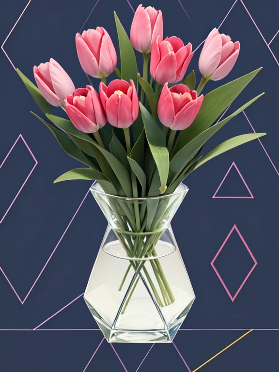 (Angular geometric shapes), (Random modern geometric pattern background), Tulips close-up, sketch, Modern Art, Vibrant colors, Colorful flowers, vase