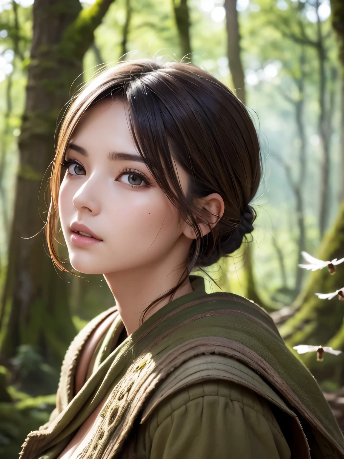 Ruins, girl, looking up, beautiful skin, brown hair, bobbed hairstyle, light through trees, moss, rubble, flying birds, masterpiece, top quality, super detailed, super detailed, 4K, 8K, ((clearly drawn face)), (beautiful detailed eyes, super detailed skin))
