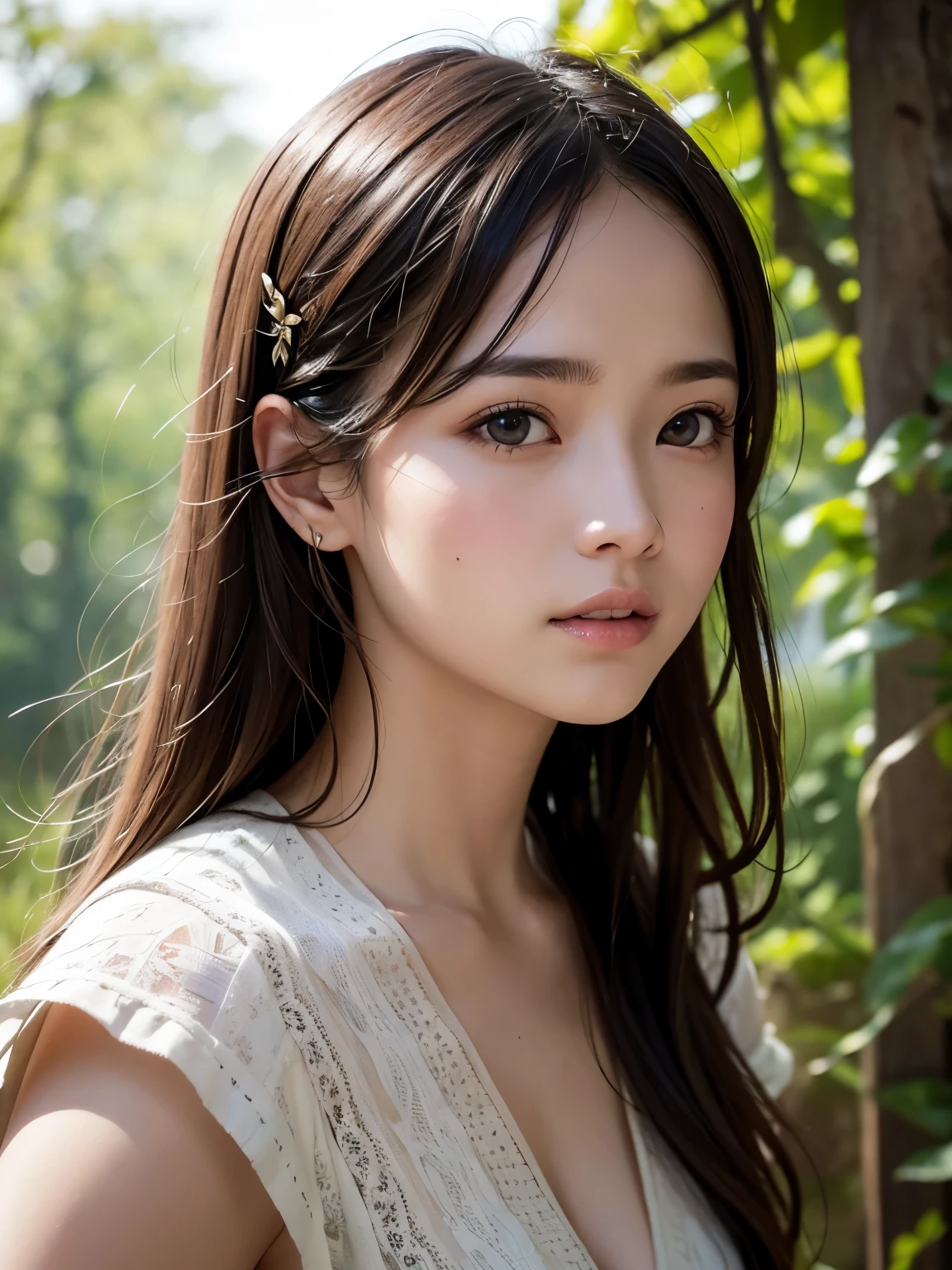 Ruins, girl, looking up, beautiful skin, brown hair, bobbed hairstyle, light through trees, moss, rubble, flying birds, masterpiece, top quality, super detailed, super detailed, 4K, 8K, ((clearly drawn face)), (beautiful detailed eyes, super detailed skin))