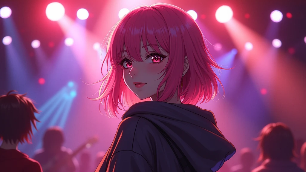((masterpiece)), ((best quality)), (ultra-detailed), ((sexy)), (ero), realistic, real, look down from above, Live performance venue, a cute girl, 1girl, solo, hood, beautiful pink hair, ((beautiful eyes)), glasses, light smile
