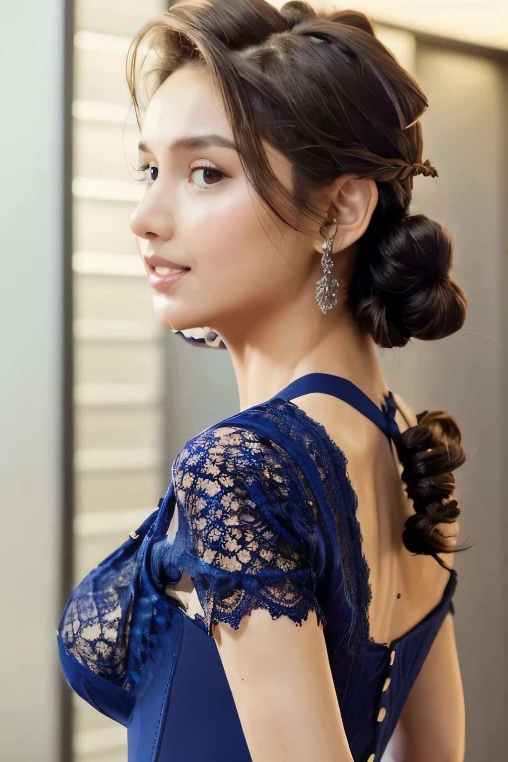 ((Highest quality, 8k, masterpiece: 1.3)), sharp: 1.2, Perfect Body Beauty: 1.6, ((Layered Hairstyles, Small breasts: 2.5)), (Sapphire blue lace dress: 2.0, A dress that covers the chest: 2.0), ((long hair: 2.0)), ((necklace)), Earrings, ring, Bracelet, Hair Accessories, ((Beautiful young teenager woman)), ((Straight nose)), (Eyeliner), Armpit Hair, Bristles, ((White and beautiful skin)), Wavy Hair, Beautiful attention to detail, Super detailed, Highly detailed face and skin texture, fine grain, double eyelid, Black Hair, Big Ass, Lower Body, Thighs, (((Skinny))), Wet and shiny lips, smile, Get a grip on your body, ((Anatomically correct human body)), ((Crisp body shape)), Ribs, clavicle, Protruding skeleton, A face without nasolabial folds, Shyness, Thin eyebrows, Big eyes, (shoot from side: 1.0), (Narrow shoulders: 2.0), (Serious face: 1.0), Corset-like dress, White skin