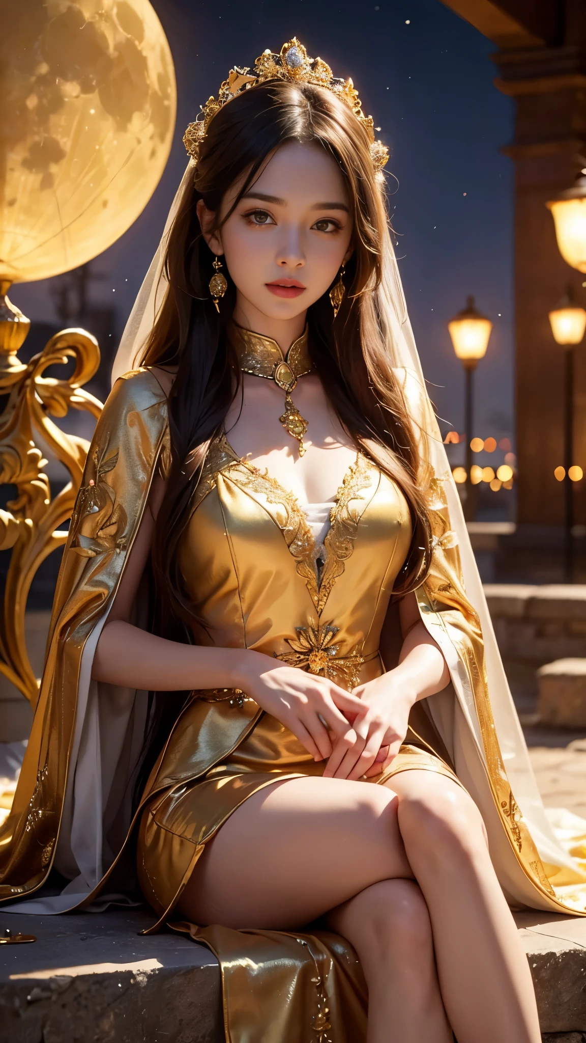 8K ultra hd, masterpiece,1 girl, ((realistic face)), detailed eyes, ((very long hair)), flowing hair, small breasts, royal dress, decorated dress, golden dress, anitque jwellery, detailed lacing, flowing cape, bare navel, moon light, amazing night outdoor, spot lights, glowing lights, depth of field, ray tracing, bloom, realistic shadow, tyndal effect, spreding, lights, looking at the audience, attractive pose, sitting,