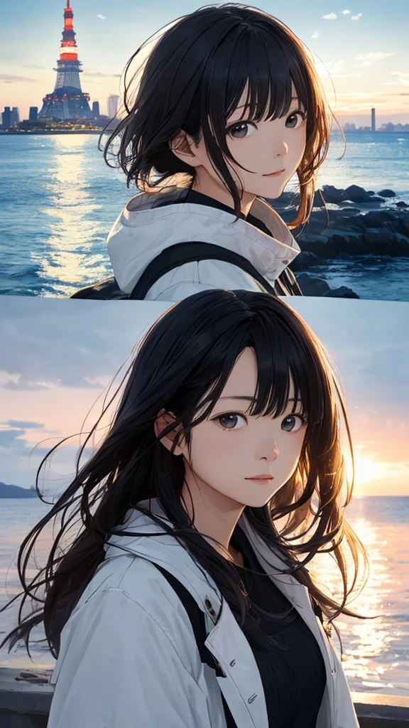 Shiraishi Mei, Looks exactly like Shiraishi Mei、Time is night、Tokyo Tower in the background、Big fireworks、Oceanの方を向いている後ろ姿、Woman looking up at the sky ,Long Hair, Black Hair,, photograph, Realistic, Highest quality, Detailed face, Strong sunlight, Ocean, Embankment, Detailed Background, Diffused sunlight, Written boundary depth, Bokeh (Highest quality: 1.2), (masterpiece: 1.2), Watch Viewer, one piece, White Theme, ,Vision、(((Panorama:1.2)))