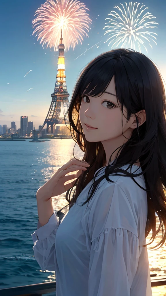 Shiraishi Mei, Looks exactly like Shiraishi Mei、Time is night、Tokyo Tower in the background、Big fireworks、Oceanの方を向いている後ろ姿、Woman looking up at the sky ,Long Hair, Black Hair,, photograph, Realistic, Highest quality, Detailed face, Strong sunlight, Ocean, Embankment, Detailed Background, Diffused sunlight, Written boundary depth, Bokeh (Highest quality: 1.2), (masterpiece: 1.2), Watch Viewer, one piece, White Theme, ,Vision、(((Panorama:1.2)))