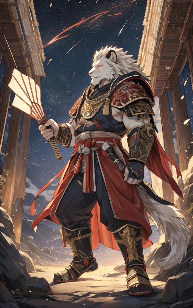 Brave, Great and noble lion samurai warrior,(((Whole body white fur))), Wearing very detailed red samurai armor,He wears a red mask on his head that resembles a demon., Sengoku period,He is holding a black and gold fan, Highly detailed background,by bestiary_style,creation myth,The man who created the world,Heaven and earth are opened, 完璧なmasterpiece, high quality, High resolution writing boundary depth, Perfect lighting, (Particles of light),(最high quality),(masterpiece),(Ultra Deshipped),Sharp focus,Particles of light