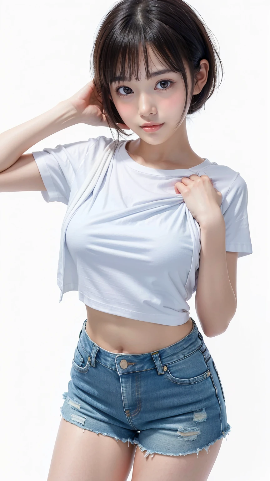 One Girl, Aesthetic artwork, Random hairstyles for short hair and updos,Light grey eyes, Pale skin, cup, Small breasts, body, (Textured skin, Skin pores:1.1), It gives me goosebumps, half body shot, Wearing a white crop top T-shirt, (Protruding nipples:1.1) , Wearing mini grey jeans open shorts, Fascinating, Sexy Photos, Shaved, Perfect Vagina, (Highly detailed 8k wallpaper), Soft lighting, high quality, Film Grain, Fujifilm XT3 Sharp Focus, 5 ....6, 50mm, High detail, Sharp focus,(Natural light), Crazy Details, Intricate details, Ultra-detailed, Windy weather, sunny, ealy afternoon sunny lighting