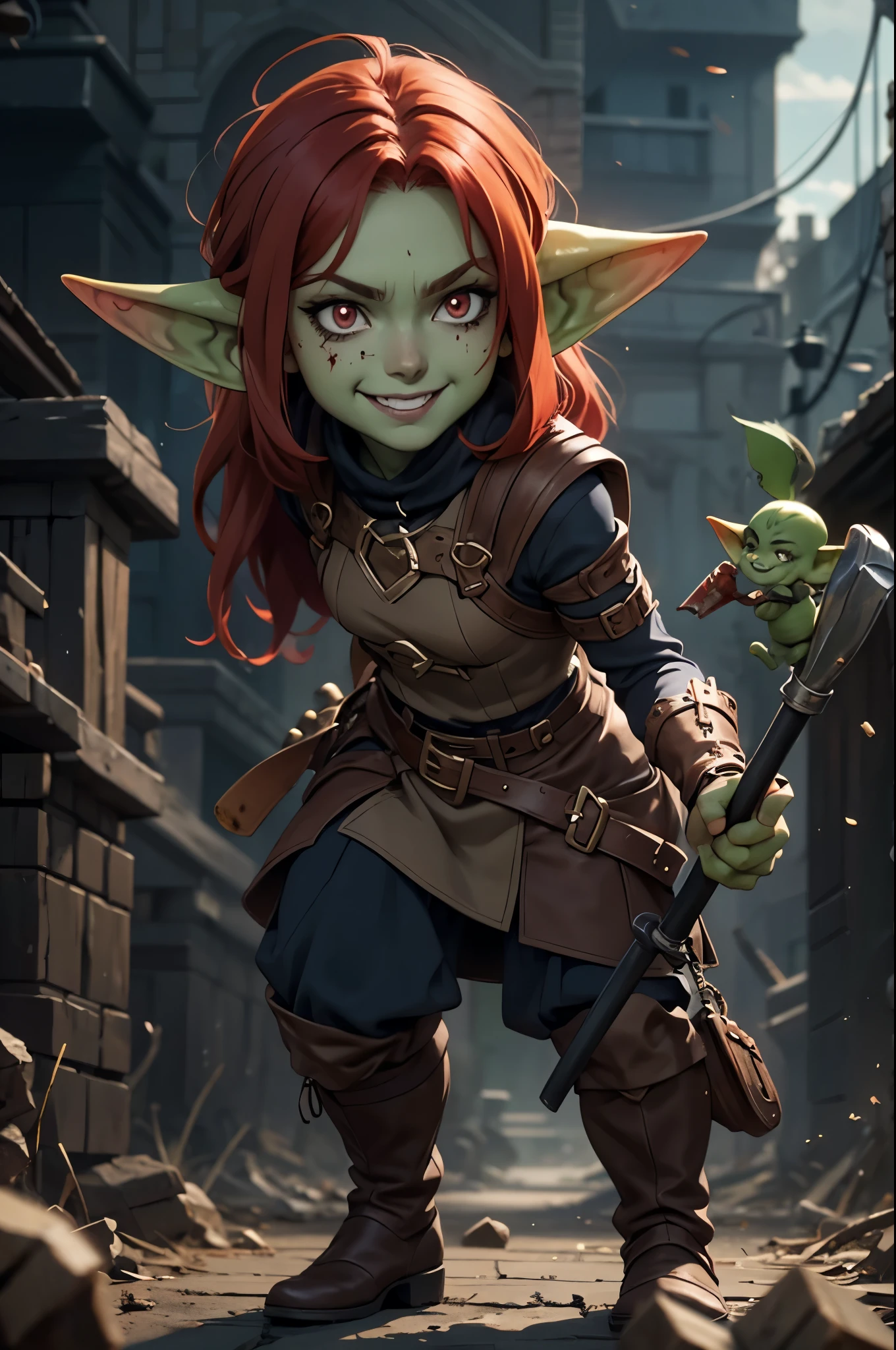  A Barbara goblin ,  reddish green ,  tied in a bun ,  golden eyes, .  She carries a large axe in her left hand against the floor, Wear a reddish outfit.