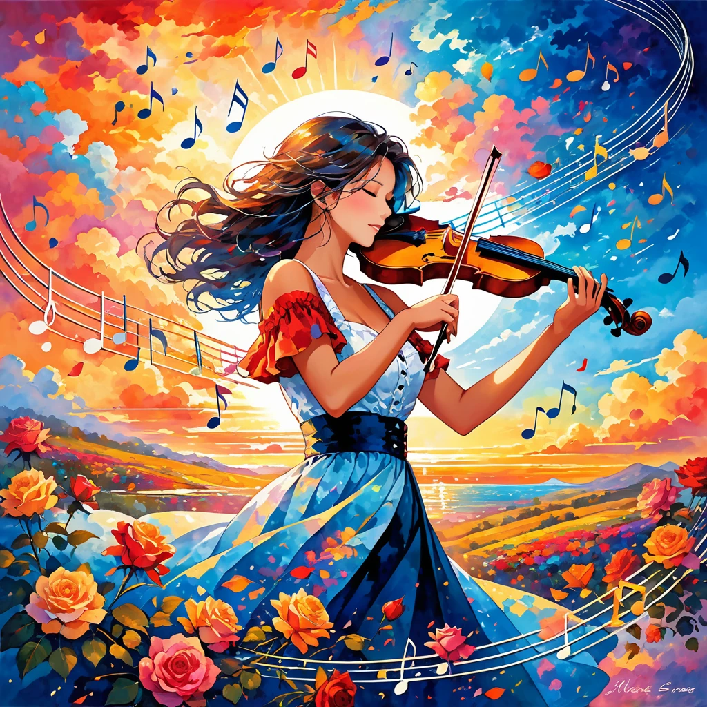 An evocative image of a violinist playing passionately under a colorful, swirling sky. The scene is infused with vibrant hues, as if the music itself is painting the air. Glowing musical notes float around, and a warm sunrise illuminates the background. Roses are falling gently, symbolizing emotion and beauty. The focus is on the expressive hands of the violinist, bringing life to the silver strings. The overall atmosphere conveys a sense of passion, music, and emotional depth.