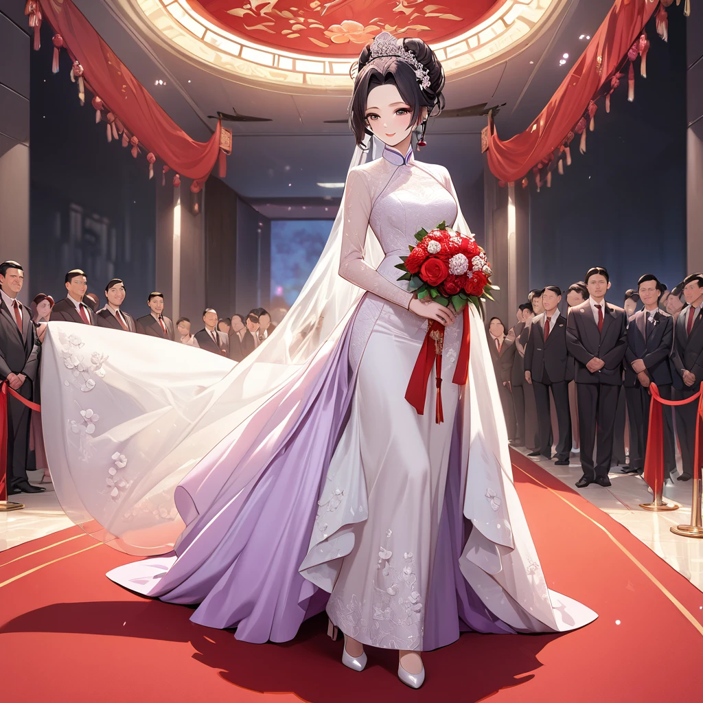 ((Highest quality)), ((masterpiece)), (detailed), （Perfect Face）、The woman is a Chinese woman named Kocho Shinobu.。, Purple gradient bob black hair and formal evening hairstyles. She is wearing an engagement ring. She is a prominent member of the Chinese Communist Party.、She is the wife of a great old Communist Party official.、The woman is beautifully dressed in a gorgeous red wedding dress typical of the Chinese Communist Party, and she loves her husband dearly and is happy to be his wife.、She was photographed alone at a wedding venue on a red carpet aisle.、The woman is the most gorgeous, most dazzling, and most beautiful Chinese woman, with a perfect figure as a Chinese bride.