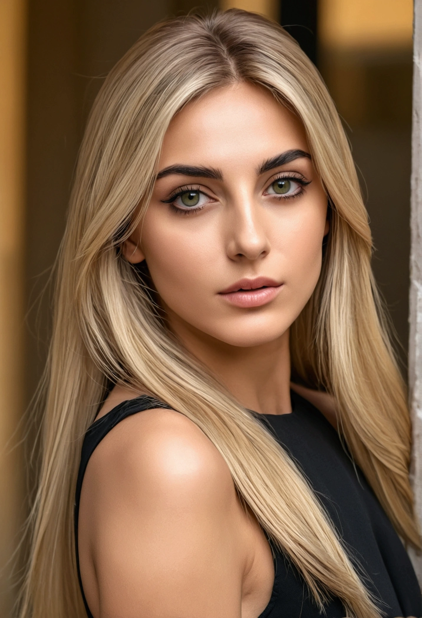 A realistic portrait of beautiful italian woman wear a black short dress ,light makeup,  nice long straight blonde hair, high quality photo 4k, very detailed, perfect fit, looking at the camera, detailed face, detailed eyes, olive skin 