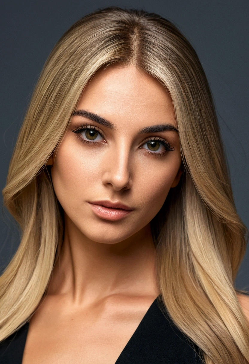 A realistic portrait of beautiful italian woman wear a black short dress ,light makeup, nice long straight blonde hair, high quality photo 4k, very detailed, perfect fit, looking at the camera, detailed face, detailed eyes, olive skin