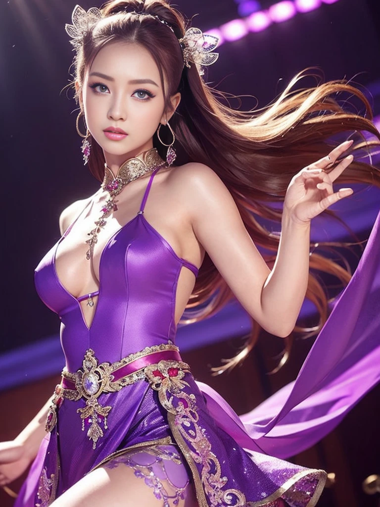 realistic, High resolution, 1 female, hip up, beautiful eyes, long hair, Ringed Eyes, jewelry, tattoo, chinese fairy, purple dress, waist, dance pose,