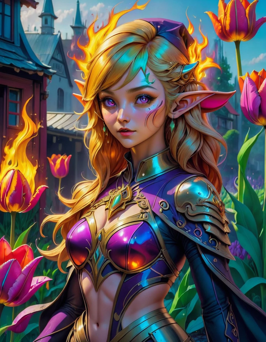 Arafed, Dark fantasy art, fantasy art, goth art, a picture of a tattoo of a tulip on the back of a female elf, a glowing tattoo of a ((tulip: 1.3)) on the elf's back, the ((tulip tattoo: 1.3)) is vivid, intricate detailed, GlowingRunesAI_purple, ((fire surrounds the tulip: 1.5)), shot taken from the back, ((the back is visible: 1.3), she wears a transparent red dress, the dress is elegant, flowing, elven style, that the tattoos glow, dynamic hair color, dynamic hair style, vibrant, Ultra-high resolution, High Contrast, (masterpiece:1.5), highest quality, Best aesthetics, best details, best quality, highres, 16k, (ultra detailed: 1.5), masterpiece, best quality, (extremely detailed) RAW, (ultra details, Masterpiece, best quality) faize, Digital Painting,