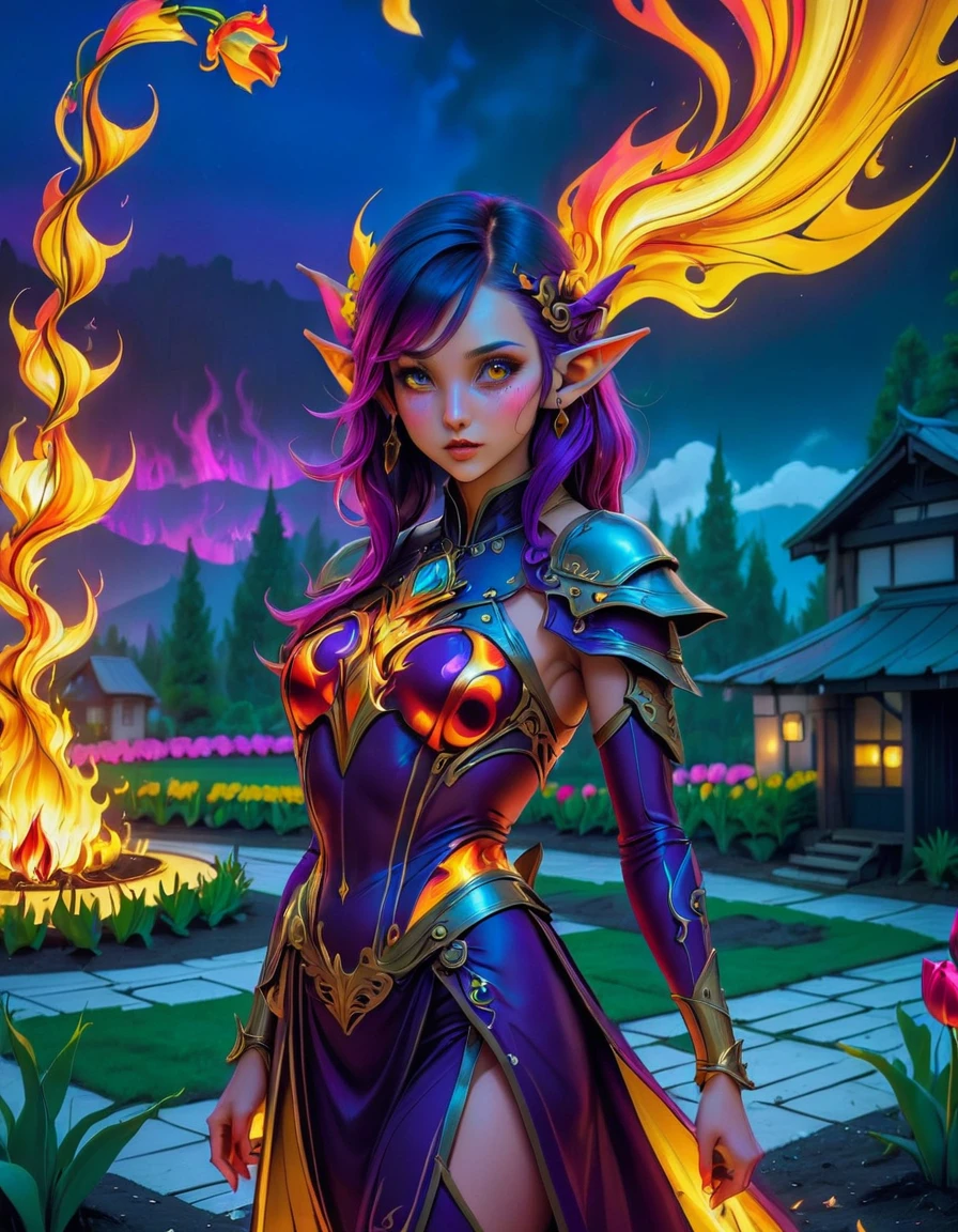 Arafed, Dark fantasy art, fantasy art, goth art, a picture of a tattoo of a tulip on the back of a female elf, a glowing tattoo of a ((tulip: 1.3)) on the elf's back, the ((tulip tattoo: 1.3)) is vivid, intricate detailed,  GlowingRunesAI_purple, ((fire surrounds the tulip: 1.5)), shot taken from the back, ((the back is visible: 1.3), she wears a transparent red dress, the dress is elegant, flowing, elven style, that the tattoos glow, dynamic hair color, dynamic hair style,  vibrant, Ultra-high resolution, High Contrast, (masterpiece:1.5),  highest quality, Best aesthetics, best details, best quality, highres, 16k, (ultra detailed: 1.5), masterpiece, best quality, (extremely detailed) RAW, (ultra details, Masterpiece, best quality) faize, Digital Painting, 