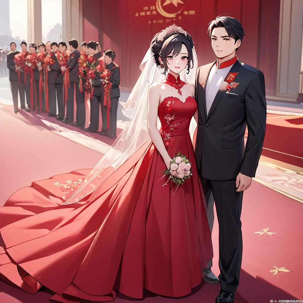 ((Highest quality)), ((masterpiece)), (detailed), （Perfect Face）、The woman is a Chinese woman named Kocho Shinobu.。, Purple gradient bob black hair and formal evening hairstyles. She is wearing an engagement ring. She is a prominent member of the Chinese Communist Party.、She is the wife of a great old Communist Party official.、The woman is wearing a gorgeous red wedding dress that is typical of the Chinese Communist Party.、She walked side by side with a dignified elderly Communist Party official down the red carpet aisle in a loving wedding ceremony.。A loving Chinese Communist couple