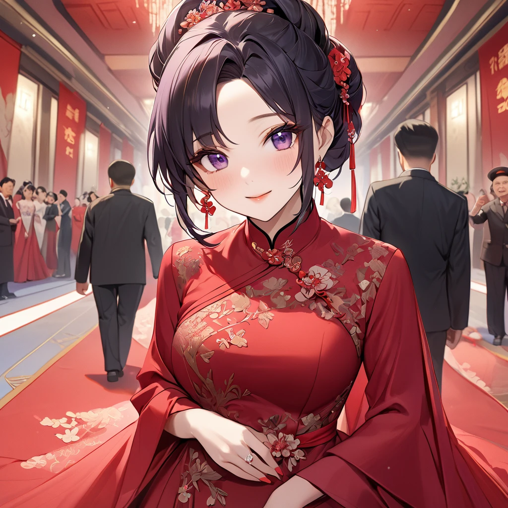 ((Highest quality)), ((masterpiece)), (detailed), (Perfect Face)、The woman is a Chinese woman named Kocho Shinobu.。, Purple gradient bob black hair and formal evening hairstyles. She is wearing an engagement ring. She is a prominent member of the Chinese Communist .、She is the wife of a great old Communist Partycial.、The woman is beautifully dressed in a gorgeous red wedding dress typical of the Chinese Communist Party, andloves her husband dearly and is happy to be his wife.、She was photographed alone at a wedding venue on a red carpet aisle.、The woman is the most gorgeous, most dazzling, most beautiful Chinese woman, and has been perfected as the bride of a Communist Party member ofa.