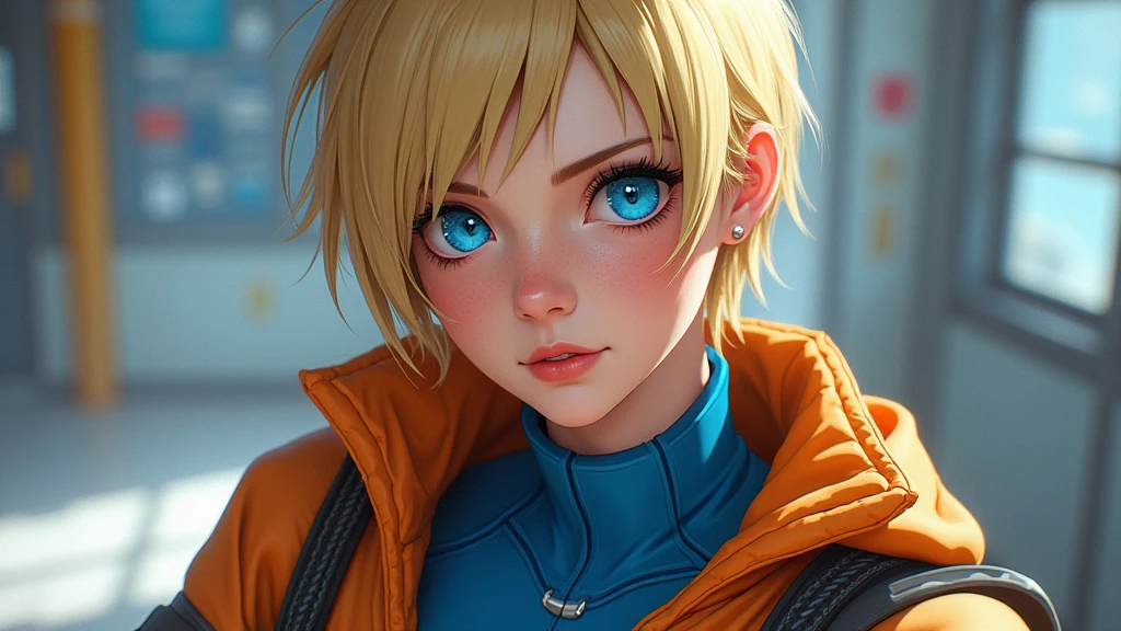 1girl wearing bodysuit, wattson \(apex legends\), wattson, (best quality, masterpiece, dynamic angle, highest detailed),upper_body, tight, blonde hair,short hair,blue eyes,detailed eyes,expressive detailed eyes,wide eyed,detailed pupils,orange jacket,jacket,blue shirt,blue top,blue skinsuit,white pants,small_breasts,cut face,big eyes, face details,