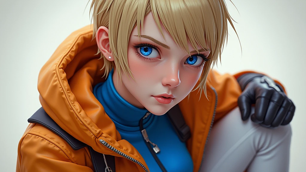 1girl wearing bodysuit, wattson \(apex legends\), wattson, (best quality, masterpiece, dynamic angle, highest detailed),upper_body, tight, blonde hair,short hair,blue eyes,detailed eyes,expressive detailed eyes,wide eyed,detailed pupils,orange jacket,jacket,blue shirt,blue top,blue skinsuit,white pants,small_breasts,cut face,big eyes, face details,