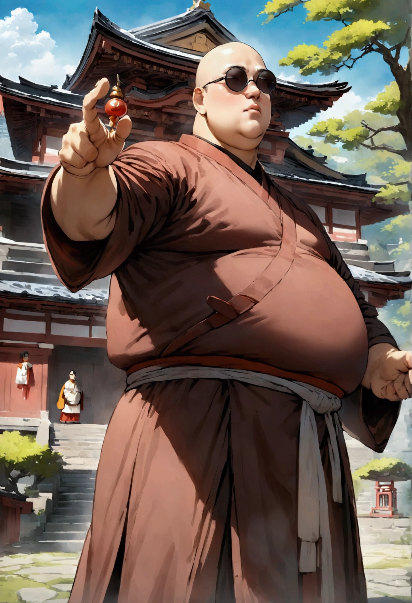 Japanese monk、Are fat、Round sunglasses、Equip a ritual item、Hero of Justice、One Punch Man、exorcist、Japanese Temples、strongest