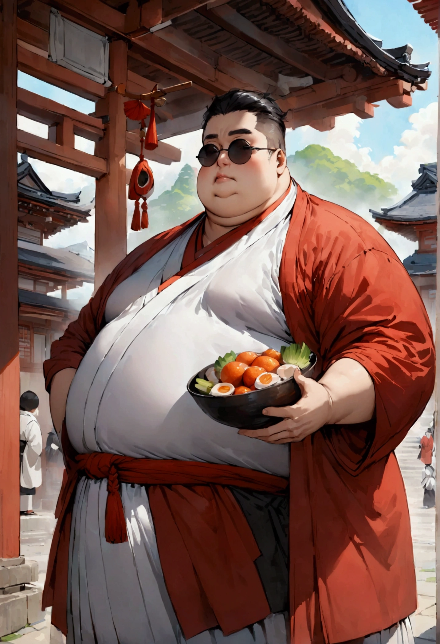 Japanese monk、Are fat、Round sunglasses、Equip a ritual item、Hero of Justice、One Punch Man、exorcist、Japanese Temples、strongest