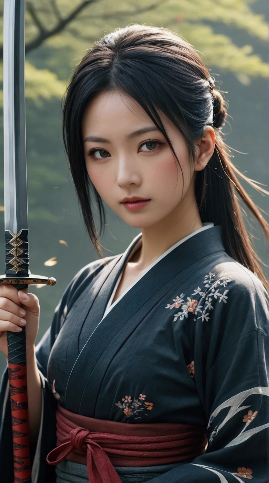 (Japanese sword &reference;Muramasa 2&reference;.2)Beautiful 27 year old woman、Japanese women、Tie your hair back、Hair ornament artist、Warrior、Clear Eyes、{Arm tattoo(SakuraFubuki}’Warrior、(Japanese swordを両手で構える、1.3)(Japanese sword1.2)Intermediate position、whole body、A long-edged sword、Realistic battle scenes、敵Warriorの返りBlood、Blood、High resolution、Highest quality、Very detailed、8k、background、The castle is burning、Sparks fly、