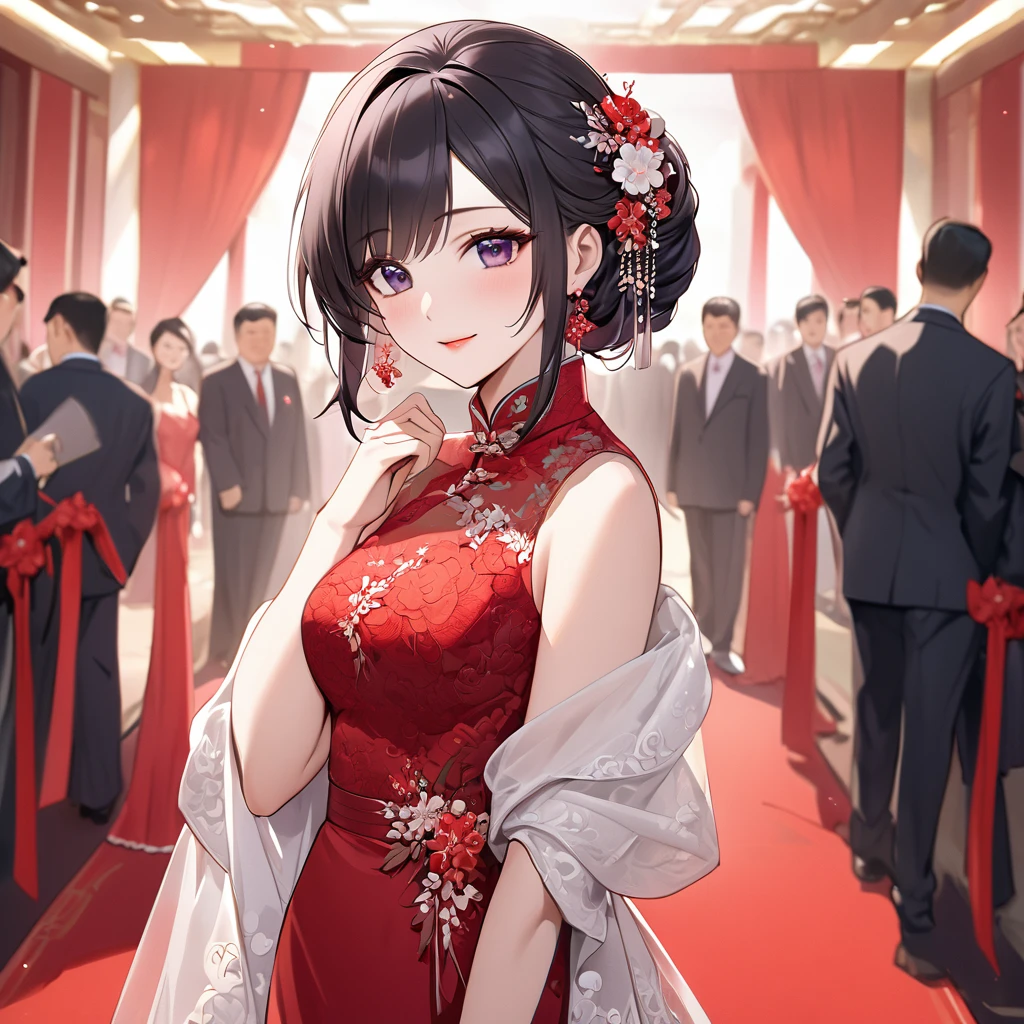 ((Highest quality)), ((masterpiece)), (detailed), （Perfect Face）、The woman is a Chinese woman named Kocho Shinobu.。, Purple gradient bob black hair and formal evening hairstyles. She is wearing an engagement ring. She is a prominent member of the Chinese Communist Party.、She is the wife of a great old Communist Party official.、The woman is beautifully dressed in a gorgeous red wedding dress typical of the Chinese Communist Party, and she loves her husband dearly and is happy to be his wife.、She was photographed alone at a wedding venue on a red carpet aisle.、The woman is the most gorgeous, most dazzling, and most beautiful Chinese woman, and has been perfected as the best Chinese bride, with a beautiful, elegant, and luxurious appearance.