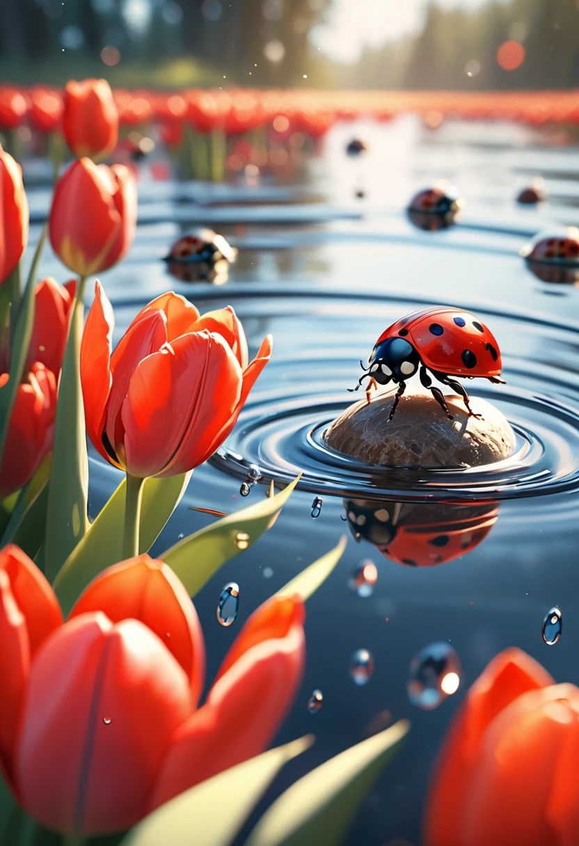 Masterpiece, 8k, 4k, perfect quality, realistic, award winning photography, photo RAW, ((Extreme close-up of red tulip with water drops and A small ladybug)), (tilt shift, depth of field, nature photography, breathtaking quality, bokeh), ray tracing, subsurface scattering, blurry background, chromatic aberration, neon bokeh, natural light, perfect composition, high detail, hyper realistic