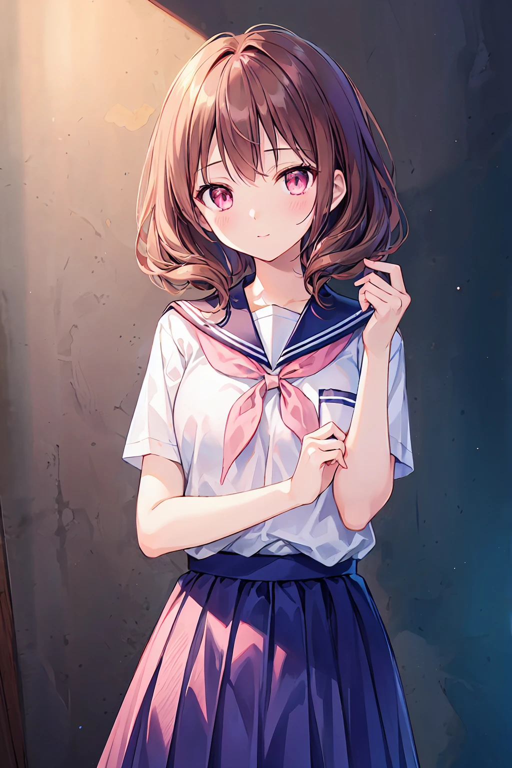 Brown hair color，Pale pink eyes，apricot pink school top，Navy Straight Skirt，Kind girl，((Highest quality)), (Very detailed), (High-definition CG synthesis 8k wallpaper), 高いly detailed,  高い-definition raw colbor photos, Professional photography,  Written boundary depth,