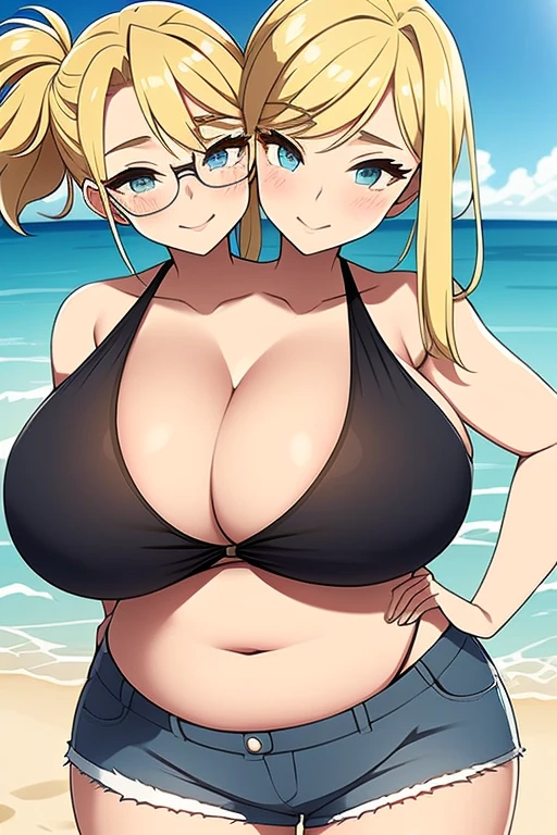 2heads, an overweight woman with 2 heads. She is outside at the beach. She is wearing a floral bikini top, wearing shorts. She has blonde hair in a ponytail. Deep cleavage. She looks young. She is blushing. Wearing sunglasses. Sucking on a Popsicle. She looks seductive and lustful. She has gigantic breasts. She is tall. Young, gorgeous face. Hard nipples. Happy, smiling.