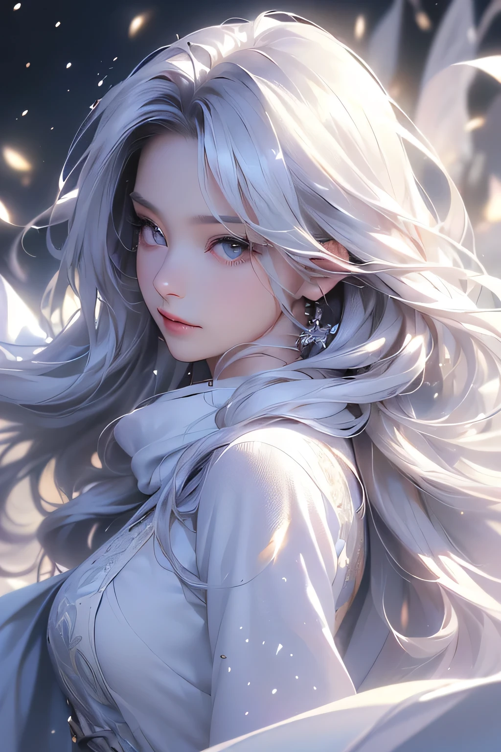 ((masterpiece:1.5、8k、Portraiture、Photorealistic and very detailed CG、Very detailed、Particle Effects、Dynamic Effects、Shallow depth of field、Cinematic Light、Lens flare、Ray Tracing、Tabletop、Realistic:1.4、Ultra-high resolution:1.2、Realistic、Realistic))((alone、,A woman wearing a cashmere coat over an off-the-shoulder dress:1.4、wear a long scarf、White Belt、coat、Elegant woman posing、Detailed face、brightexpression、young, bright, Whiter skin、small breasts、Best Looks、Ultimate beauty、Shiny silver hair with highlights、bright and shiny hair,、Super long, Silky straight hair、Hair dancing in the wind))(morning、outdoors, winter, snow falling)