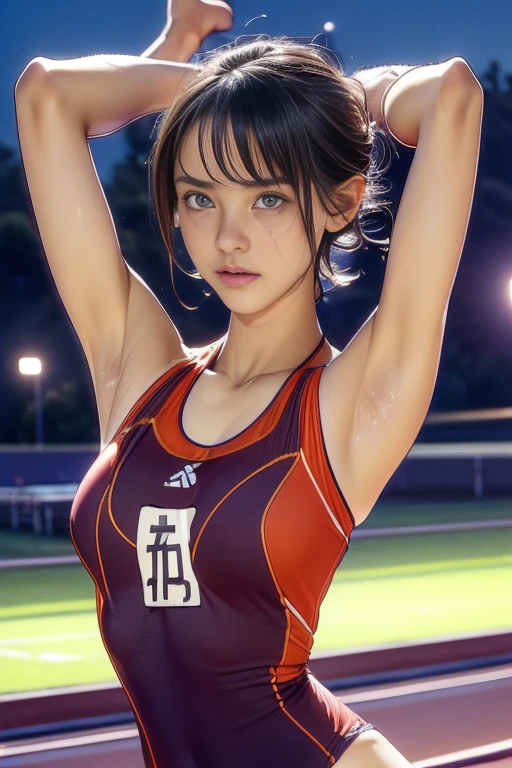 (9-year-old girl:1.5, Very slim:1.5, Very thin arms:1.5, Very Short Hair), (Tabletop:1.3), (8k, Realistic, RAW Photos, Highest quality: 1.4), (Shortcuts:1.3), ((Cute type, Big eyes, Droopy eyes, A pained cry:1.4, shout:1.4, Shout out, Stretch your arms:1.3)), (Real Skin), Beautiful Skin, 超High resolution, Ultra-realistic, High resolution, (夜のAthletics場, Track and Field:1.5), Athletics, (Show me your armpit:1.4)