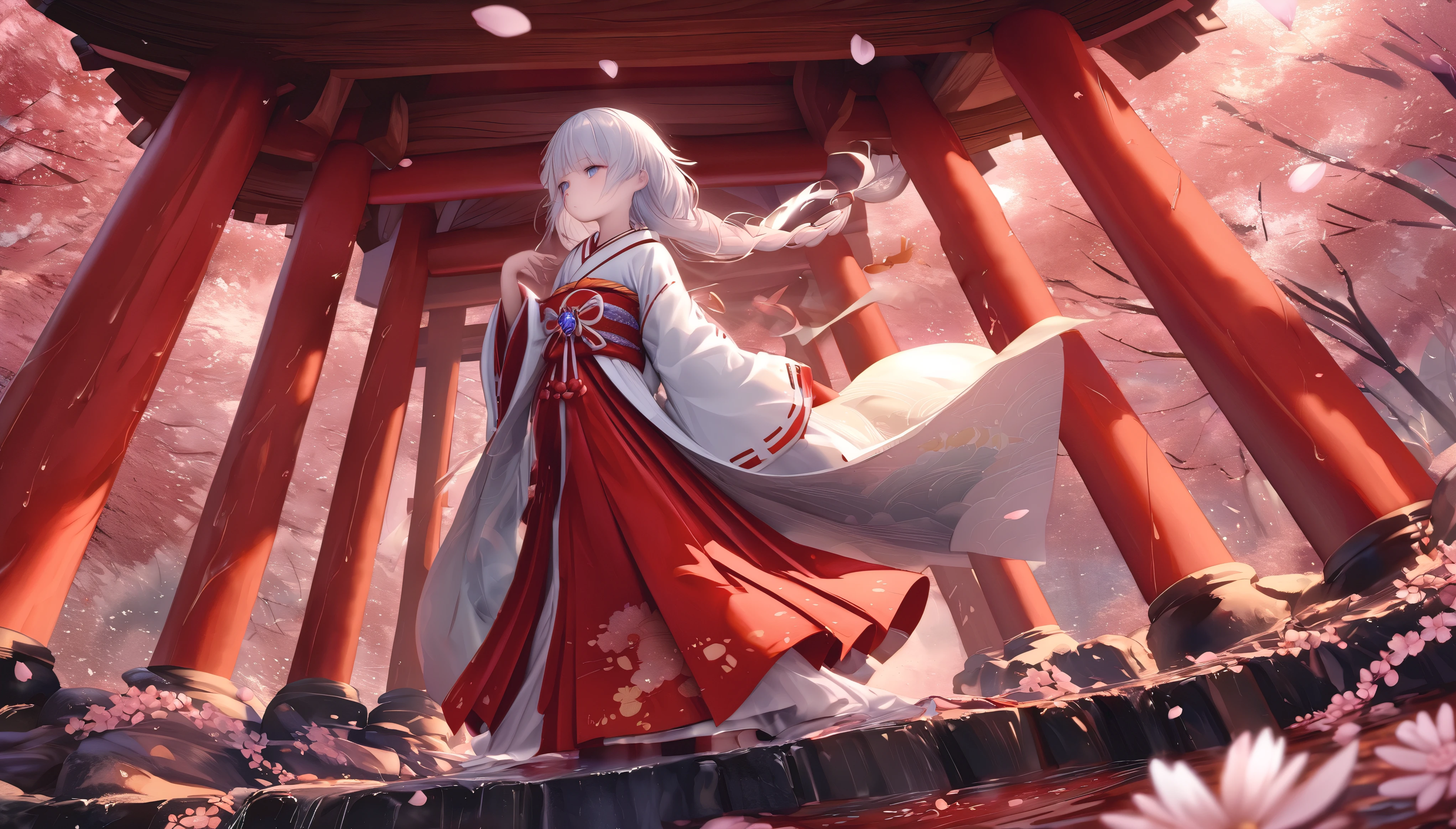 (full body), (solo), (A 7-year-old girl:1.2), (very young little girl), loli, (Solo), (small breast), (wide angle), raw photo, Aesthetic, Convoluted, Awarded, chiaroscuro, Best Quality, Detailed background, (Misty atmosphere:1.2), (hard rainy day:1.1),((Girl in very long shrine maiden:1.2)), In the throes of a tempestuous night, the rain falls in torrents, painting the world in shades of silver and darkness. Amidst the deluge, a young girl appears, a figure of enchantment, her silhouette a stark contrast to the storm's fury. She is adorned in a Japanese shrine maiden costume, a miko-zukuri, that is an opulent display of elegance and tradition. The miko-zukuri is a vision of grandeur, with the haori, an outer garment, extending its hem to the ground, flowing like a river of pristine white silk. The fabric is of the highest quality, its texture smooth and supple, caressing the contours of her form as she moves with the grace of a willow in the wind. The haori is embroidered with delicate motifs of cherry blossoms and chrysanthemums, symbols of spring and autumn, respectively, their petals intricately stitched with threads that glimmer with the subtlest hint of mother-of-pearl. The hakama, a traditional skirt, is elongated to match the haori, its hem sweeping the ground with each step, creating a sound akin to rustling leaves. The hakama is a deep, rich crimson, the color of a heart's passion, and it is adorned with a brocade pattern that is a dance of light and shadow, the threads shimmering with a metallic sheen that catches the fleeting flashes of lightning. Her hair is styled in a traditional manner, with a long, flowing braid that cascades down her back, secured with a white ribbon that is embroidered with delicate cherry blossoms. The ribbon flutters with each movement, a dance of its own, adding to the overall elegance of her appearance. Around her waist, she wears an obi, a wide sash that is a tapestry of colors and patterns, its design a reflection of the