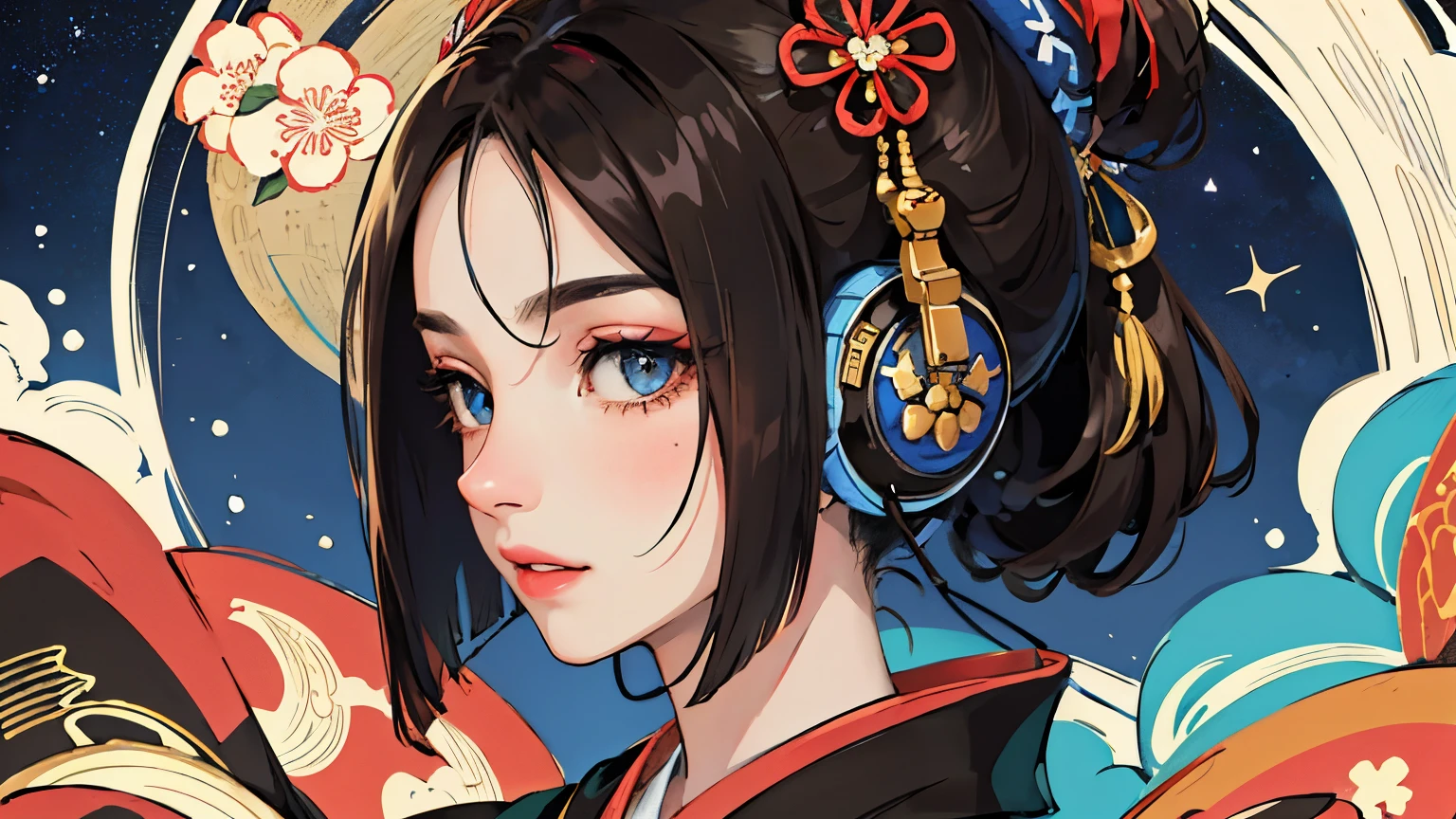 (Highest quality, 8k, masterpiece, High resolution), (whole body), Vibrant colors, (headphones, wearing headphones), Brown-black bob, Traditional topknot, Ample breasts, (Highly detailed face and eyes, Beautiful Face, Beautiful Eyes, Beautiful nose, Pretty lips), Official Art, Ukiyo-e style, (Beautiful woman in kimono), (Vivid floral patterned kimono), background, river, bridge, Mountain, wood, Starry Sky, moon, Detailed CG,