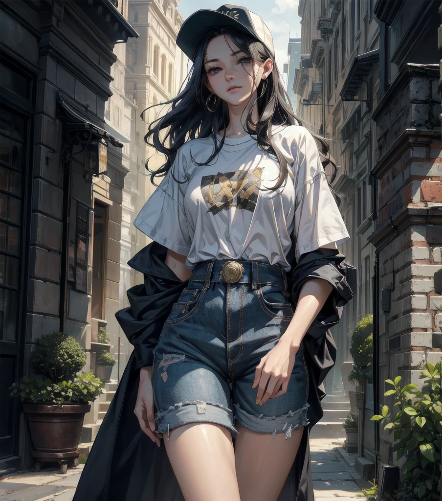 absurdres, RAW photo, extremely delicate and beautiful, masterpiece, Best Quality, ultra high resolution, 32k, hyperrealistic, ultra-detailed, Very detailed CG 8k wallpaper, detailed background, landscape, Beautiful Lighting, Perfect Lightning, Realistic Shadows, perfect anatomy, anatomically correct, ideal ratio body proportions, perfect figure, Perfect Style, Perfect balance, super Detailed skin, in her 30s, very Slim body, narrow waist, very small head, very small face, delicate facial features, handsome detailed woman, very detailed eyes and face, realistic face proportions, Realistic beautiful face, Realistic beautiful eyes, tearful mole, earring, whole body shot, very huge round tits, medium hair, asymmetrical hair, wavy hair, outdoor, (baseball cap), (T-shirt), (shorts),