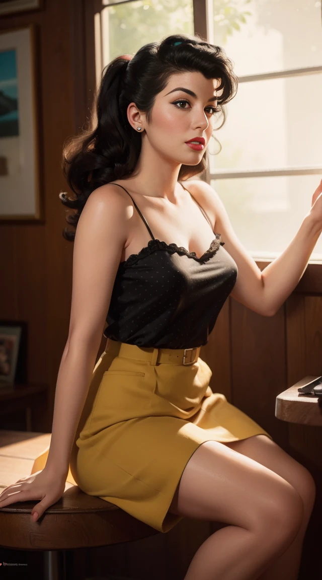 (work of art:1.4), (best qualityer:1.4), retro vintage pin-up style, extremely detailded, intrikate, hyper-detailded, illustration, soft lighting, Amy Winehouse 20 year old pin-up, Retro style of the 60s, characteristic hair, dotted skirt, Bend, ssmile, (perfect_Face), sitting not bad, ornated, intrikate, dramatic lighting, 4K, detailded_fund,  full-featured_cos, Digital_illustration