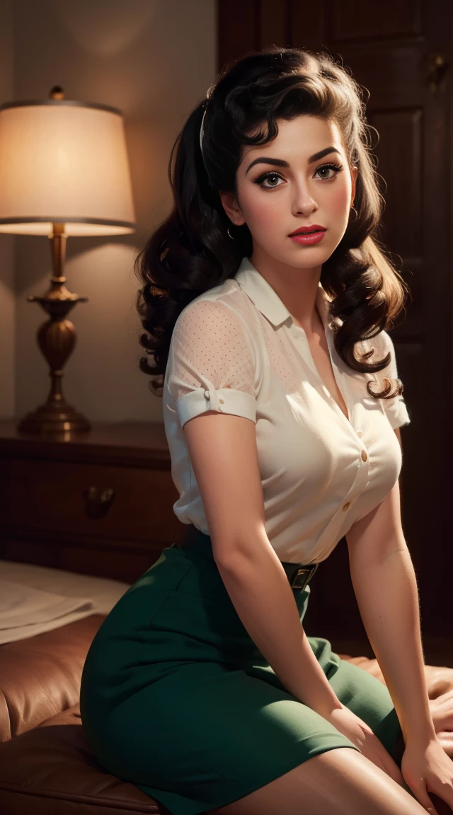 (work of art:1.4), (best qualityer:1.4), retro vintage pin-up style, extremely detailded, intrikate, hyper-detailded, illustration, soft lighting, Amy Winehouse 20 year old pin-up, Retro style of the 60s, characteristic hair, dotted skirt, Bend, ssmile, (perfect_Face), sitting not bad, ornated, intrikate, dramatic lighting, 4K, detailded_fund, full-featured_cos, Digital_illustration