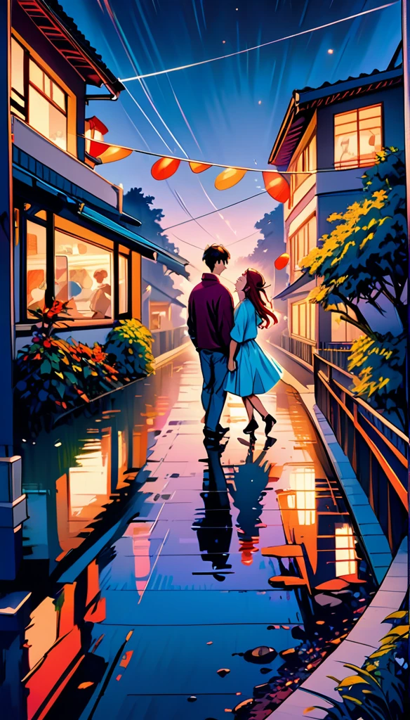 (Highest quality,Very detailed,Realistic:1.37),humor,Comic book style,Bold,Vibrant colors, Close to cool colors,Desaturate,Beautiful night view, A girl and a boy, Fun couple, Laughter, floating love,