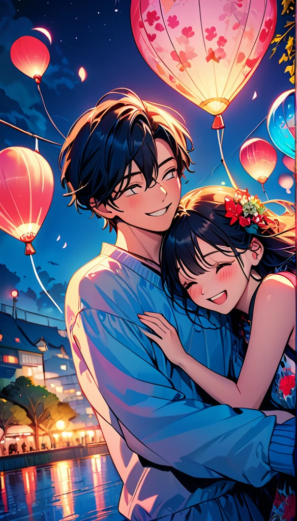 (Highest quality,Very detailed,Realistic:1.37),humor,Comic book style,Bold,Vibrant colors, Close to cool colors,Desaturate,Beautiful night view, A girl and a boy, Fun couple, Laughter, floating love,