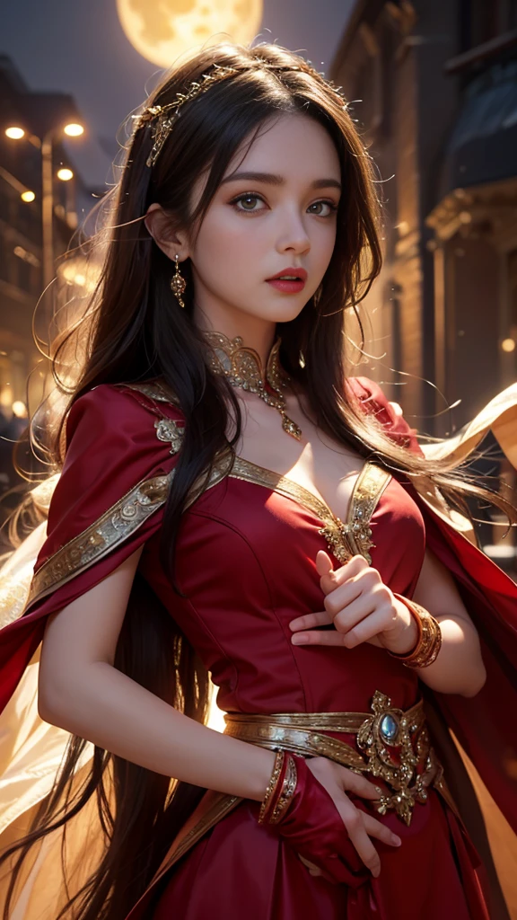 8K ultra hd, masterpiece,1 girl, ((realistic face)), detailed eyes, ((very long hair)), flowing hair, small breasts, royal dress, decorated dress, red dress, anitque jwellery, detailed lacing, flowing cape, bare navel, moon light, amazing night outdoor, spot lights, glowing lights, depth of field, ray tracing, bloom, realistic shadow, tyndal effect, spreding, lights, looking at the audience, attractive pose,