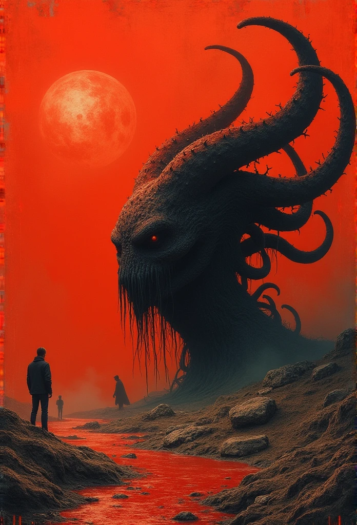Author of the Cthulhu Mythos:Zdzislaw Beksinski y Van Gogh, album covers, Romantic, Surrealism, Futuristic ,Satan, coral, dry, abstracted, Dark, red, hell, landscape
