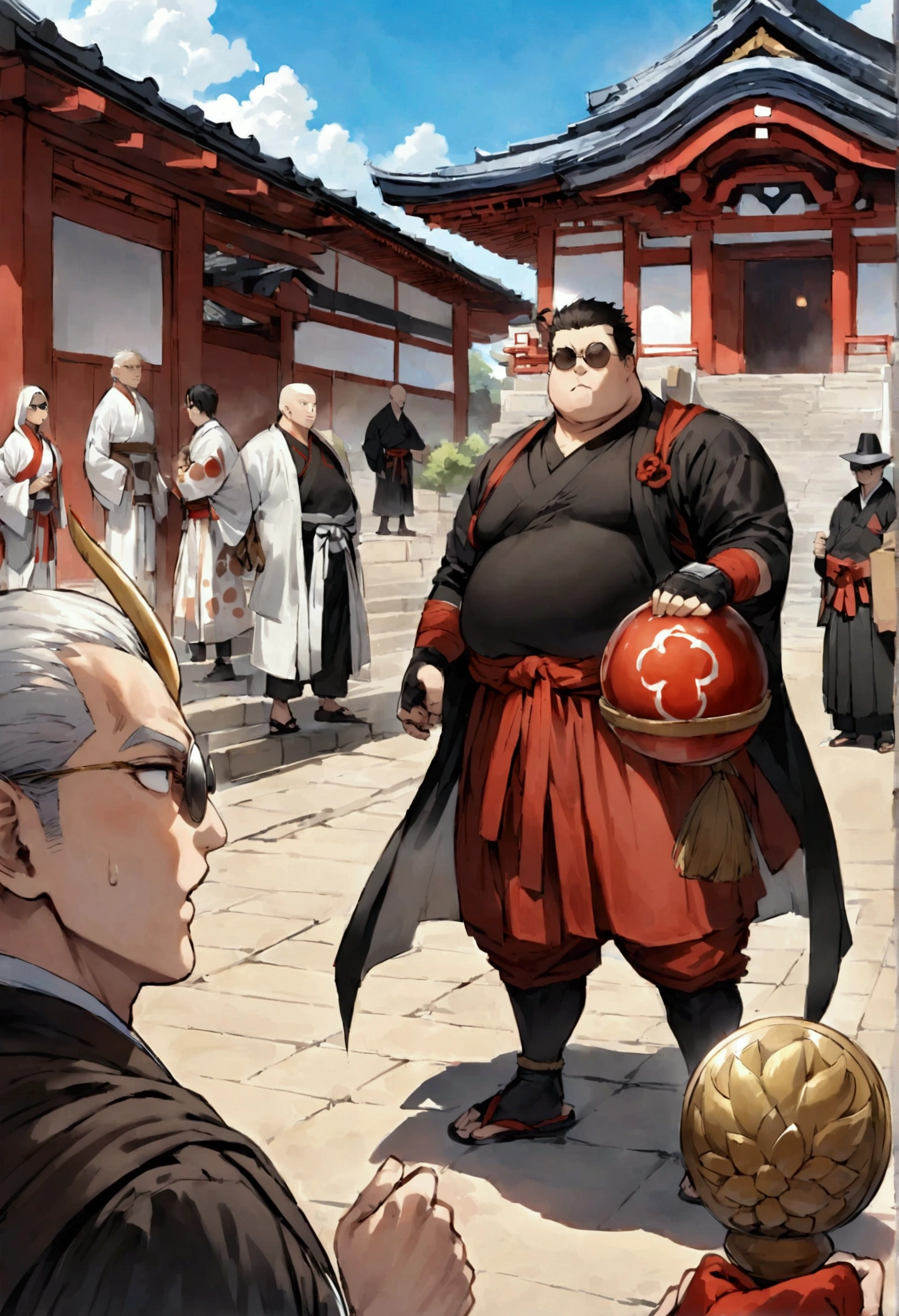 Japanese monk、I'm a little overweight、Round sunglasses、Equip a ritual item、Hero of Justice、One Punch Man、exorcist、Japanese Temples、strongest